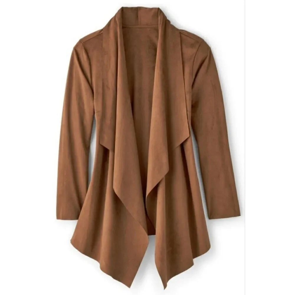 SOFT SURROUNDINGS Shape Drape Cardigan Jacket Open Front Faux Suede Brown Sz 3X